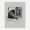 An abstract print featuring layered grayscale shapes, a starry galaxy image, and a framed classical bust, with a small cursive signature at the lower right.
