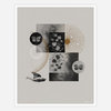 An abstract art print with layered black-and-white collages of butterflies, flowers, a bird, and geometric circles, signed "f. chimero" in the lower right.