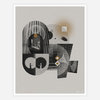 A monochrome abstract print with layered geometric shapes, circular forms, small gold accent squares, and two small silhouetted figures, signed "f. chimero" at the lower right.