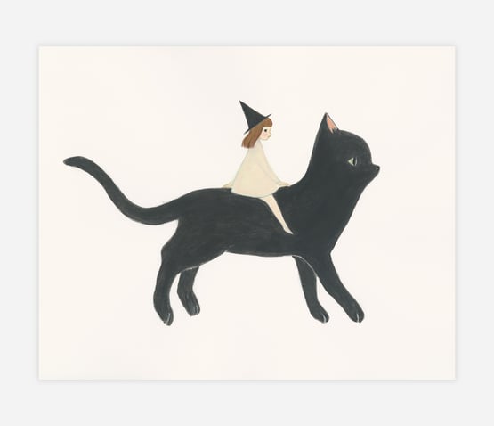 An art print showing a small girl in a pointed hat riding a large black cat.
