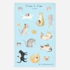 A sticker sheet titled "Girls & Cats" with assorted illustrated cat stickers, some showing small girls riding or sitting with the cats, and a small copyright line reading "© emilywinfieldmartin.com".