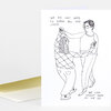 A folded greeting card with a black line drawing of two people dancing and the handwritten text "WE DO NOT NEED TO KNOW ALL THE STEPS" and "WE CAN INVENT THEM AS WE GO".