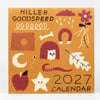 A square wall calendar cover with the text "HILLER GOODSPEED" and "2027 CALENDAR," featuring playful illustrated motifs including a flower, cloud with raindrops, horseshoe, star, apple, bone, leaf, spiral, worm, and a small face with red hair.