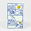 A postcard with a blue line drawing of a bicyclist on mountain paths and speech bubbles that read “I WILL DO MY BEST!” and “FOR AS LONG AS I CAN,” with yellow sun circles in two panels.