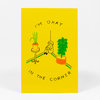 A bright yellow postcard shows a simple black-line drawing of a seated person in a corner between two potted plants, with the hand-lettered text "I'M OKAY IN THE CORNER".