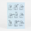 A postcard featuring a blue field with nine small black line drawings of a hooded figure thinking, each captioned with variations of "IS THIS IT" and speech bubbles such as "YA," "NO," "MAYBE," "IDK," "UM," and "WOAH."