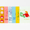 A six-piece set of illustrated postcards or folded cards with colorful vertical designs, including simple cartoon faces, a pink card with partial text, a blue card with a bicycle drawing and speech bubbles, and a white card that reads "BE NICE TO PLANTS" with a red-clad figure touching a plant.