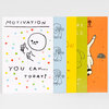 A six-pack of illustrated postcards with colorful designs, including a white card that says "MOTIVATION" and "YOU CAN... TODAY!" with a simple thumbs-up figure and multicolored dots.
