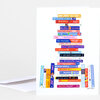 A folded greeting card with a white cover printed with a tree-shaped stack of colorful book spines, many with romance novel titles and authors visible, and the signature "Jane Mount" at the bottom right.