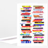 A folded greeting card featuring an illustration of two tall stacks of colorful book spines with many readable banned-book titles and the signature "Jane Mount" at the bottom.