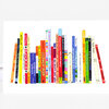 A greeting card featuring a row of colorful illustrated books standing upright like a bookshelf, with many book spines labeled with children’s book titles.