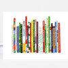 A folded greeting card with a hand-drawn row of colorful book spines, many labeled with Christmas-themed titles such as "A Christmas Carol," "The Night Before Christmas," and "Santa Makes a Christmas Tree."