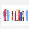 A greeting card featuring a row of illustrated book spines with titles including "The History of Love," "Atonement," "The Fault in Our Stars," "Gone with the Wind," "Pride & Prejudice," "Anna Karenina," "Love Story," "Forever," and "Love in a Cold Climate."
