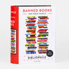 A 500-piece puzzle box with the title "BANNED BOOKS," the word "BIBLIOPHILE," and an illustration of two stacks of colorful book spines on the front.