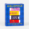 A blue box labeled "BIBLIOPHILE" holds four literary erasers decorated with book titles, including "Pride & Prejudice," "Little Women," "Moby Dick," and a partially visible "The Count of Monte...".