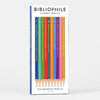 A boxed set of ten colorful graphite pencils labeled "BIBLIOPHILE LITERARY PENCILS" with book-themed quotes printed on each pencil.