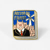 A rectangular enamel pin with gold trim, blue background, the words "ANIMAL FARM," and cartoon pigs in suits in front of a windmill.