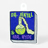A sticker shaped like a book cover with a blue background, a lime-green laboratory flask illustration, and the text "DR. JEKYLL & MR. HYDE".