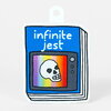A die-cut sticker shaped like a blue book cover with the words "infinite jest" and a TV screen showing a skull over a rainbow gradient.