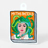 A sticker shaped like a book cover shows the text “MYTHS RETOLD” above a stylized woman’s face surrounded by green snakes, with stacked black-and-white page edges along the right and bottom.