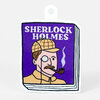 A die-cut sticker shaped like a book cover with a purple panel reading "SHERLOCK HOLMES" above a cartoon Sherlock Holmes wearing a deerstalker cap, monocle, and pipe.