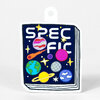 A die-cut sticker shaped like a book cover with the text "SPEC FIC" and colorful space-themed planets, stars, a comet, and an Earth illustration on a dark blue background.