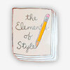 A book-shaped enamel pin with the words "the Elements of Style" and a yellow pencil illustration on the cover, with stacked page edges along the right side.
