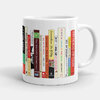 A white ceramic mug printed with a row of colorful book spines with legible titles including "CONGRAT...", "Stein on Writing", "How Fiction Works", "The Writer's Journey", "Bird by Bird", "On Writing Well", "The War of Art", "Wonder-Full", "13 Ways of Looking at the Novel", and "On Moral Fiction".