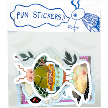 A clear plastic pack of illustrated bug-themed stickers with a blue-and-white header that says "FUN STICKERS!!" and a visible cartoon insect sticker on top.