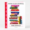 A hardcover book-shaped journal with a white cover and red spine, titled "BOOK CLUB JOURNAL" and "BIBLIOPHILE," featuring a stacked illustration of colorful book spines with readable book titles.