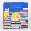 A hardcover book titled "Books Make Good Friends" by Jane Mount with a blue cover illustration of a cat, a child with glasses, and stacked colorful book spines.