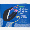 A hardcover book with a blue cover showing an illustrated singer holding a microphone and the title text "GABBA GABBA WE ACCEPT YOU THE WONDROUS TALE OF JOEY RAMONE," with credits "by JAY RUTTENBERG" and "illustrated by LUCINDA SCHREIBER."