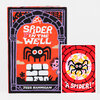 A colorful book cover titled "SPIDER IN THE WELL" with a black spider graphic, a stone well arch, and the author name "JESS HANNIGAN" at the bottom, shown with a small matching card that reads "A SPIDER!".