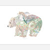 A white art print featuring a large grizzly bear silhouette filled with detailed landscape scenes, smaller bears, flowers, trees, mountains, and streams, with tiny text centered below the image.