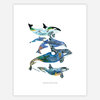 A white art print featuring a vertical stack of orcas filled with colorful ocean and landscape imagery, with small text reading "Orca Salish Sea © 2016 Jill Bliss" near the bottom.
