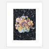 A mounted print featuring a clustered arrangement of colorful mushroom forms on a dark rocky ground, with the caption "Mushroom Medley November Beauty © Jill Bliss 2020" at the bottom.