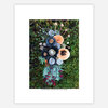 A botanical art print showing a cluster of assorted mushrooms and red berries arranged on a mossy green background, with the caption "Mushroom Medley With Red Berries © 2017 Jill Bliss" at the bottom.