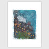 A rectangular art print shows a white nudibranch over a blue-green tidepool scene with coral, star-like orange sea life, and speckled abstract textures.