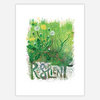 A vertical art print with a green botanical illustration and the word "RESILIENT" in large stylized letters at the bottom.
