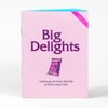 A small pink zine with the title "Big Delights," a diagonal magenta corner reading "VOL. 1," a tiny snack cake illustration, and the subtitle "Celebrating the Comic Book Ads of Hostess Snack Cakes."