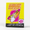 A bright yellow package labeled "HOTDOGS+ HOTSPOTS" with a stylized hot dog graphic, a "FIRST HOT SERIES" burst, and text stating "5 TRADING CARDS: A COMPLETE SET! 1 STICKER • 1 ZINE • 0 STICK BUBBLE GUM".