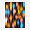 An abstract art print with blurred vertical streaks and glowing blocks of blue, yellow, orange, and pink.