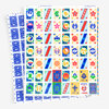 An uncut sheet of colorful Hanafuda-style cards with floral, bird, animal, and abstract symbols, including several cards with Japanese text and one small card reading "learn how to play."