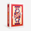 A boxed deck of playing cards with a stylized red, blue, and gold jester illustration on the front and the text "Junior" and "PLAYING CARDS" on the side.