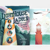 A hardcover book titled "Lighthouse Ladies: Shining a Spotlight on Hardy Heroines" with a illustrated lighthouse cover showing four portrait medallions and credits for Kris Coronado and Islenia Mil.