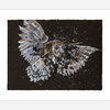 A print of an owl with outstretched wings against a dark starry background with constellation lines.