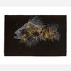 A rectangular art print shows a dark fish silhouette with a transparent head and white fin rays, overlaid with small white trees and gold speckles on a black background.
