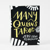 A black tarot deck box with large yellow text reading “Many Queens Tarot” and white text reading “Lettie Jane Rennekamp,” decorated with white eye and stripe motifs.