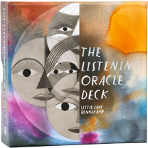 A rectangular oracle deck box with abstract artwork of multiple faces and the text "THE LISTENING ORACLE DECK" and "LETTIE JANE RENNEKAMP."