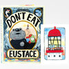 A children’s book titled "DON'T EAT EUSTACE" by Lian Cho with a colorful illustrated cover showing a bear-like character and a fish, plus a separate illustrated card or page with a lighthouse scene.